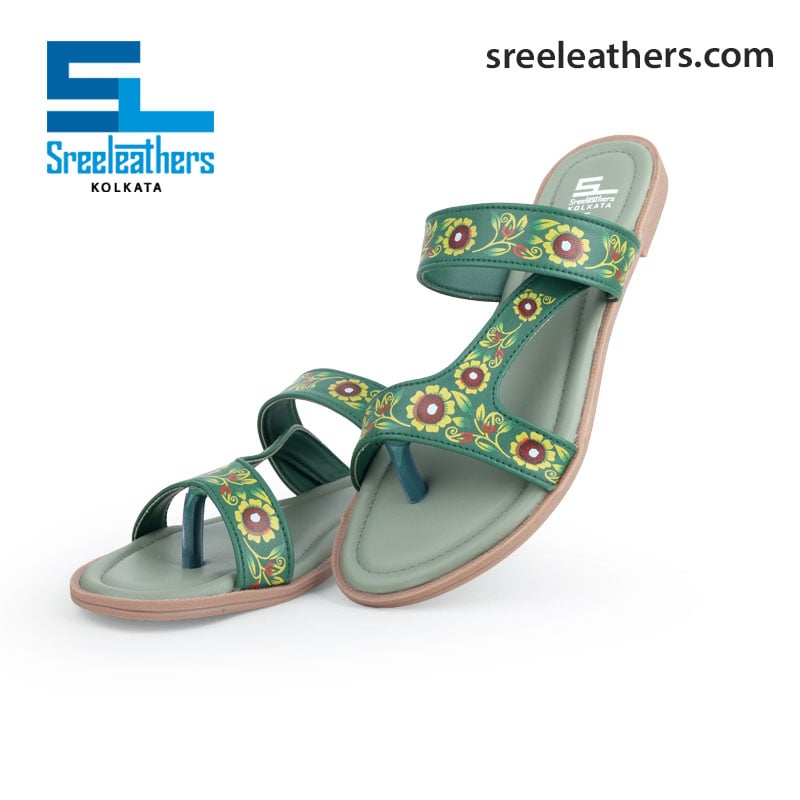 ladies flat fancy green kolka printed chappals 109638