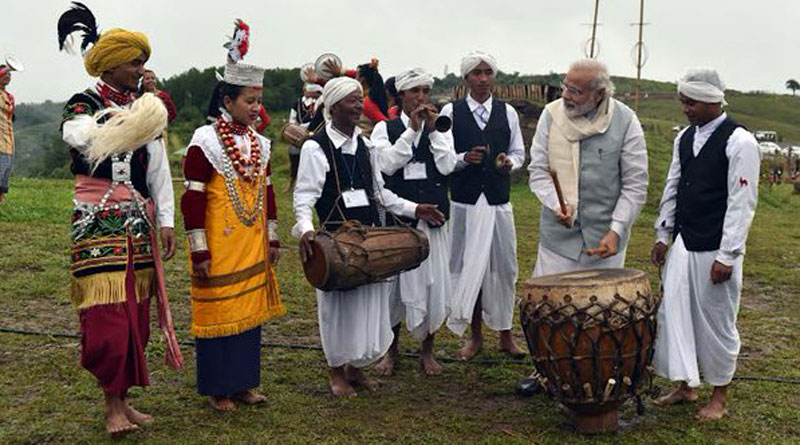 PM Modi arrives in Mawphlang village, Meghalaya; interacts with locals, plays their music instruments