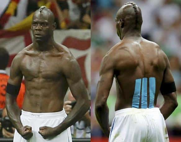 A combination picture shows Italy's Mario Balotelli celebrating his second goal during their Euro 2012 semi-final soccer match against Germany at the National stadium in Warsaw, June 28, 2012. REUTERS/Tony Gentile/Thomas Bohlen (POLAND - Tags: SPORT SOCCER)