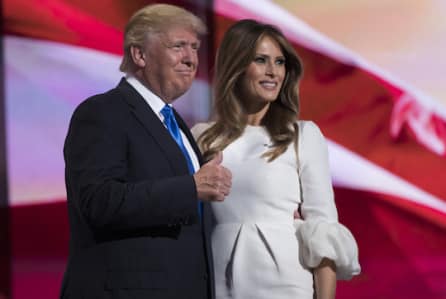 Republican presidential candidate Donald Trump gives a thumbs up after his wife Melania spoke during the Republican National Convention, Monday, July 18, 2016, in Cleveland. (AP Photo/Evan Vucci)