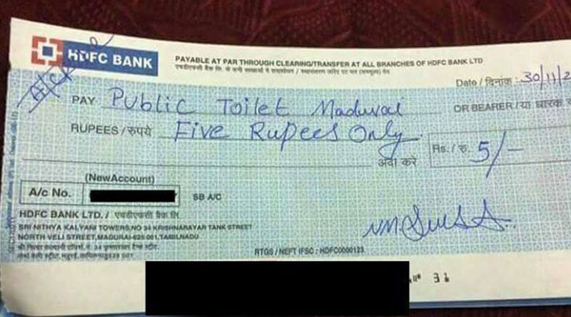 Madurai Man Writes Cheque For Rs. 5 After Using Public Toilet