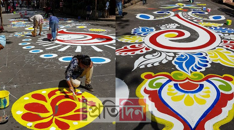 আলপনায় রাস্তা রাঙিয়ে শহরে রঙিন মহালয়া