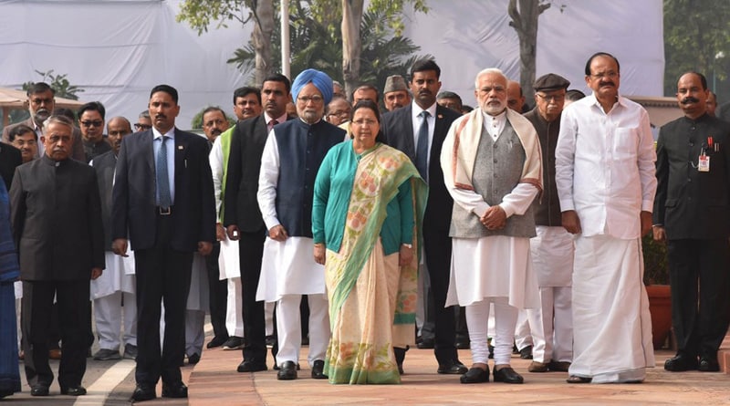 Modi and Manmohan greet each other at Parliament attack ceremony