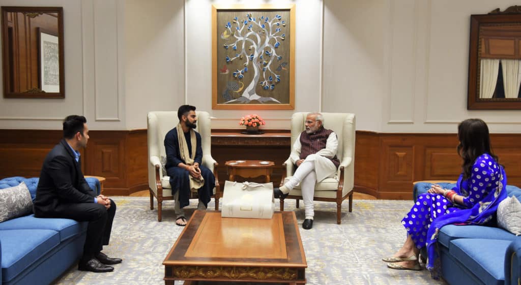 The Captain of the Indian Cricket Team, Virat Kohli and noted actor Anushka Sharma calls on the Prime Minister, Shri Narendra Modi, in New Delhi on December 20, 2017.