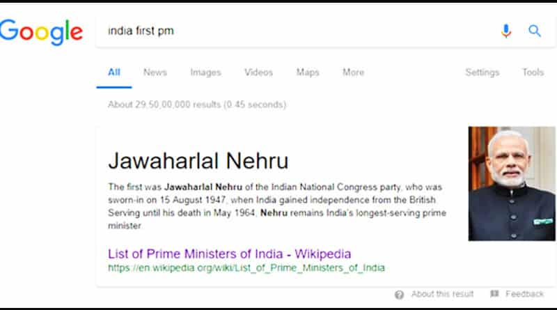 Not Nehru, Narendra Modi India’s first PM, says Google search