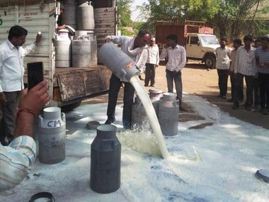 Aurangabad: Farmers spilling out milk on a road during their state-wide protest over various demands in Aurangabad on Thursday. PTI Photo (PTI6_1_2017_000214B)