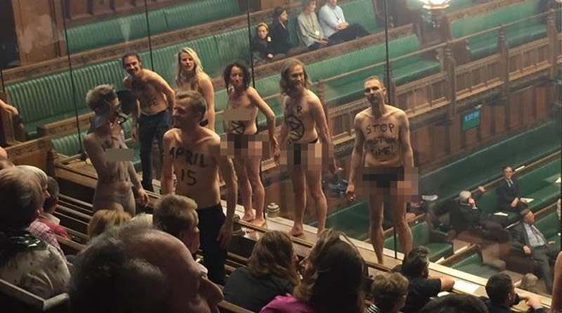 Naked protest into the British Parliament house for environmental protection