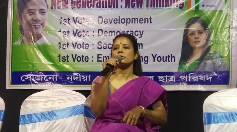 TMC candidate Mahua Moitra interacts with voter at Krishnanagar