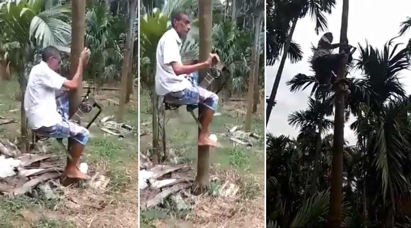 An Indian farmer creates special bike to climb coconut trees