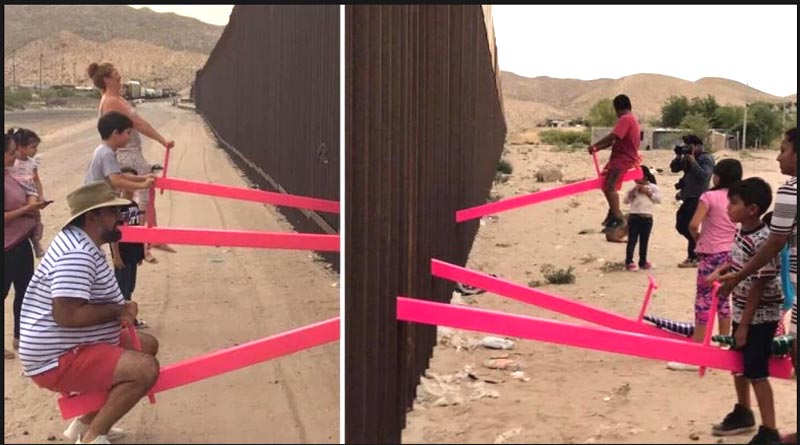 Learn Trump! Artists install. Seesaws on US-Mexico border