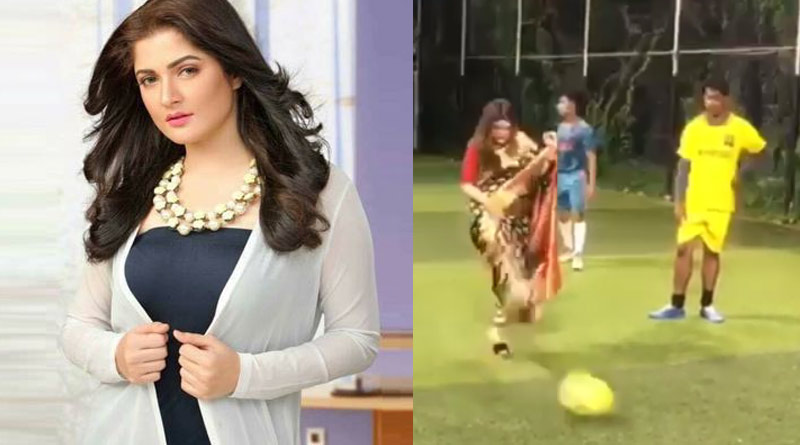 শাড়ি পরেই ফুটবল খেললেন শ্রাবন্তী, প্রথম শটেই গোল