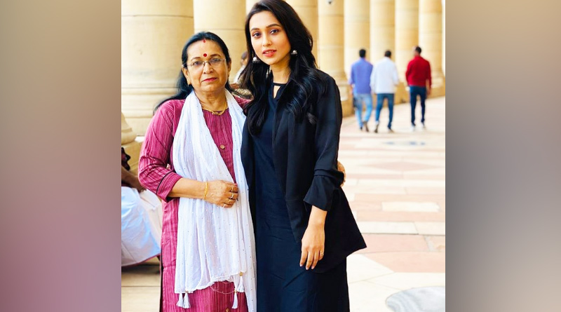 Trinamool Congress MP Mimi Chakraborty attends parliament with mother