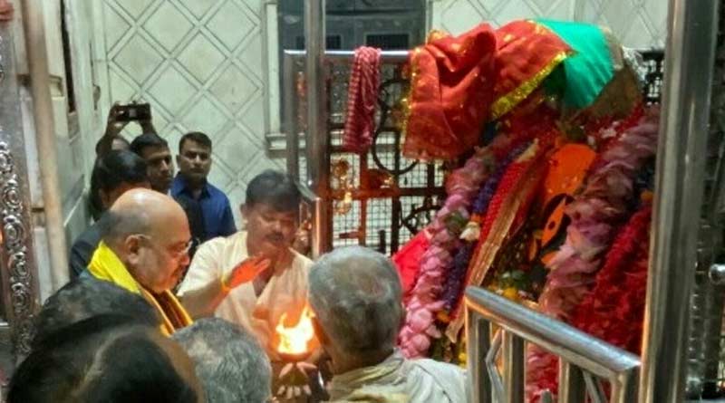ডালিতে বেনারসি-তিন ফুলের মালা, নিয়ম মেনে কালীঘাট মন্দিরে পুজো দিলেন অমিত শাহ