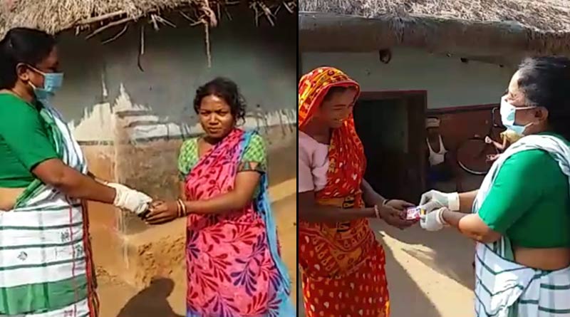 পরনে আদিবাসীদের শাড়ি-মুখে সাঁওতালি ভাষা, গ্রাম ঘুরে করোনা সচেতনতা প্রচারে মন্ত্রী