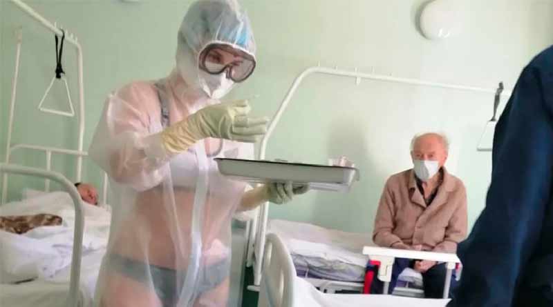 Russian nurse wear lingerie under PPE kit