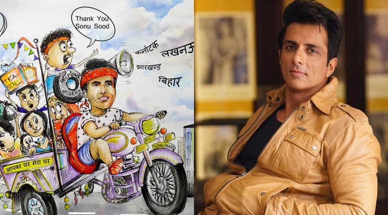 পরিযায়ী শ্রমিকদের বাড়ি পৌঁছে দেওয়ার পুরস্কার, অনুরাগীর হাতে আঁকা ছবি উপহার পেলেন সোনু