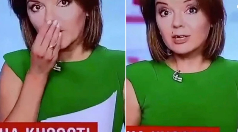 Ukraine: News anchor quitely catches her own tooth after it falls out on air