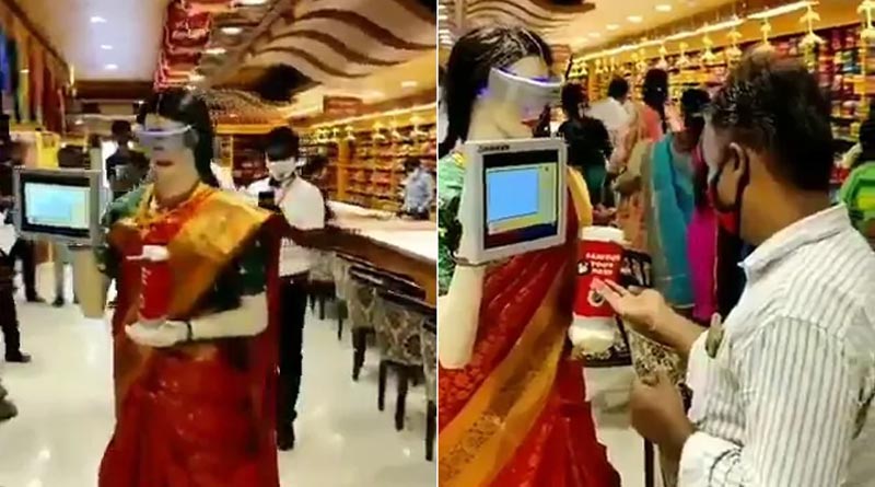 Saree-Clad Robot giving sanitiser at a showroom in Chennai, video goes viral
