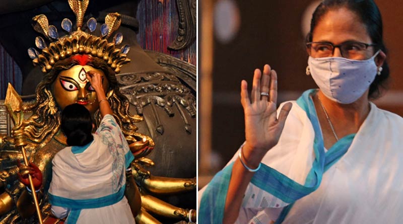 Mamata Banerjee draws third eye of Devi Durga at Chetla Agrani Club like every year| Sangbad Pratidin