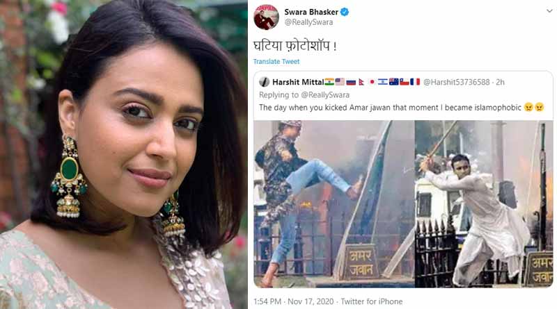 Bengali news: Swara Bhasker calls the original image of Muslim youth vandalizing Amar Jawan memorial ‘fake' | Sangbad Pratidin