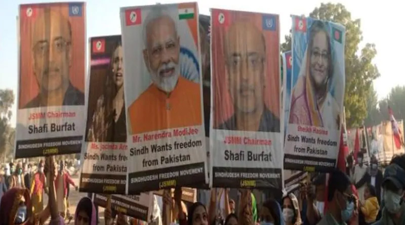 Placards of PM Modi, other world leaders seen at pro-freedom rally in Sindh of Pakistan । Sangbad Pratidin