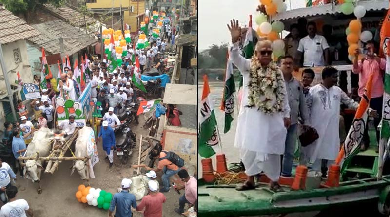 কারও সঙ্গী গরুর গাড়ি, কেউ চড়ছেন নৌকোয়, অভিনব প্রচারে মাত করলেন দুই তৃণমূল প্রার্থী