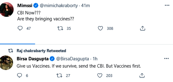 Mimi Chakraborty, Raj Chakraborty, Birsa Dasgupta says Corona Vaccine is more important that Narada Case arrest 