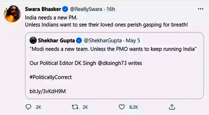 Swara Bhasker trolled for her Controversial tweet on PM Narendra Modi