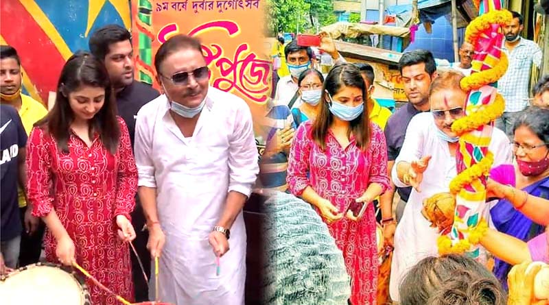 সোনাগাছির দুর্গোৎসবের খুঁটি পুজোয় মদন মিত্রর সঙ্গী ‘কৃষ্ণকলি’ তিয়াশা, বাজালেন ঢাক