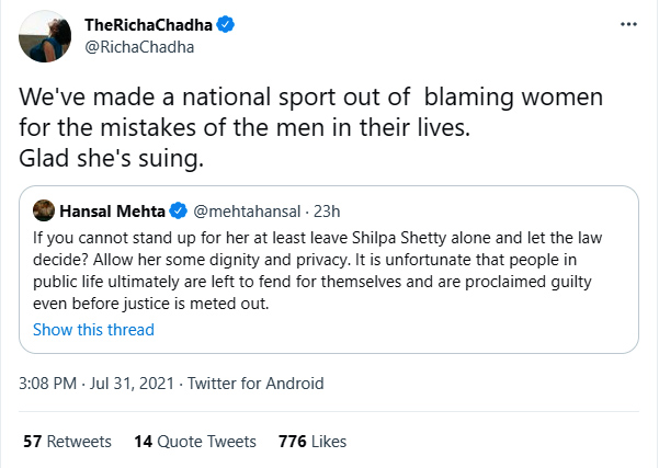Richa Chadha backs Shilpa Shetty on Raj Kundra case 
