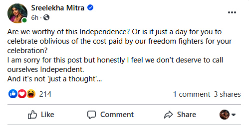 Here is what Sreelekha Mitra posted on Independence Day 2021