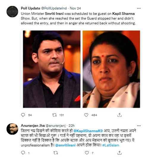 Tweet about Smriti and Kapil