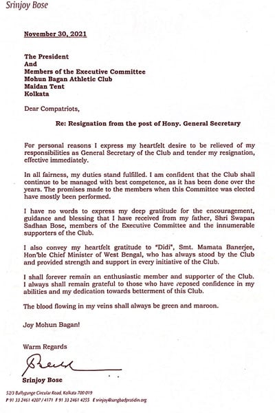 Srinjoy Bose resigns as Mohun Bagan secretory