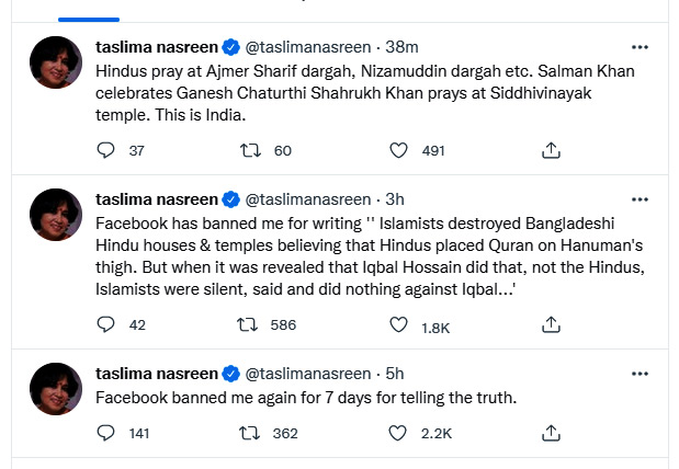 Tweet series of Taslima