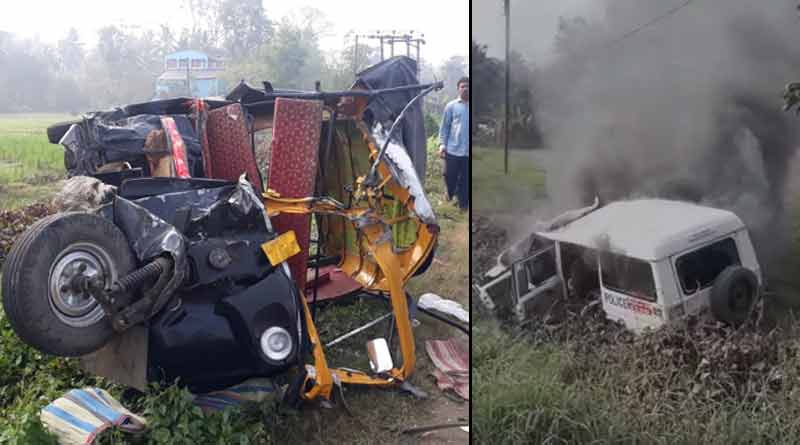 লরি ও টোটোর ধাক্কা, প্রতিবাদে পুলিশের গাড়িতে ভাঙচুরের পর আগুন স্থানীয়দের, রণক্ষেত্র কাঁথি