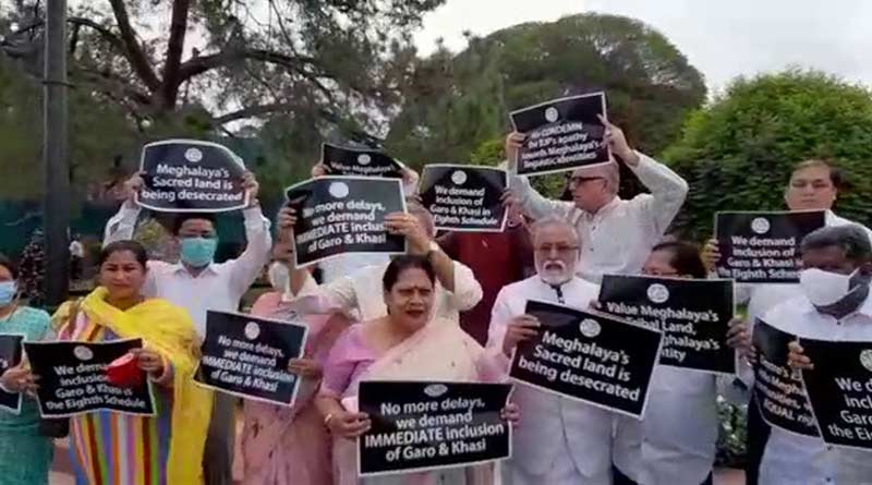 ‘ফতোয়া’য় পরোয়া নেই, মেঘালয়ের নেতৃত্বকে সঙ্গে নিয়ে সংসদ চত্বরে বিক্ষোভ তৃণমূল সাংসদদের