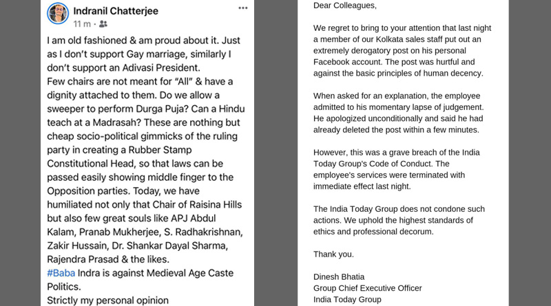 India Today Group sacks their staff Indranil Chatterjee for post against Draupadi Murmu
