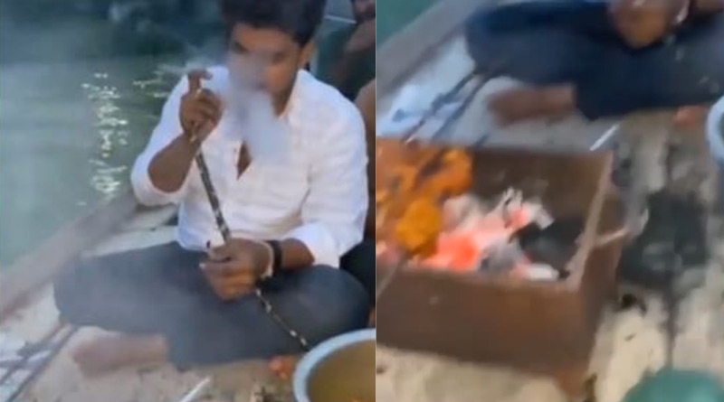 Men seen smoking hookah, Cook Chicken on Ganga in Prayagraj, creates controversy। Sangbad Pratidin