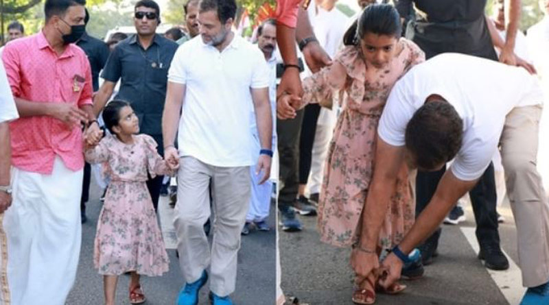 Video of Rahul Gandhi helping girl wear sandal in Bharat Jodo Yatra goes viral। Sangbad Pratidin