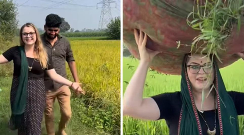 Viral Video of Australian woman married to Indian man carries bundle of grass | Sangbad Pratidin