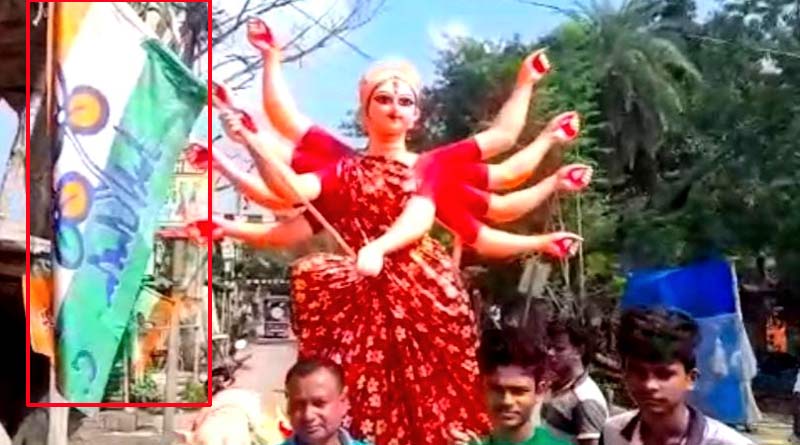 TMC flag placed on Durga idol in Hooghly, row sparked | Sangbad Pratidin