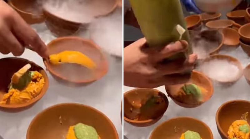 video shows a chef serving butter chicken ice cream with green chutney | Sangbad Pratidin