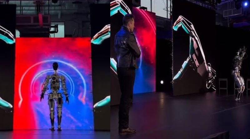 Humanoid robot 'Optimus' waving at Tesla CEO Elon Musk onstage। Sangbad Pratidin