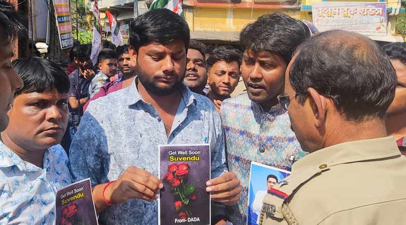 ‘গেট ওয়েল সুন’ লেখা কার্ড দিতে তৃণমূল ছাত্র পরিষদকে বাধা, শুভেন্দুর বাড়ির সামনে ধুন্ধুমার