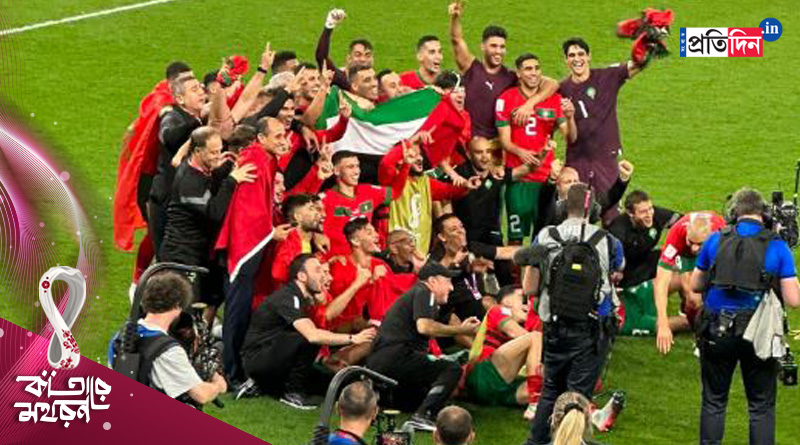 Morocco's players unfurled a Palestinian flag during their on-pitch celebrations following their stunning victory against Spain
