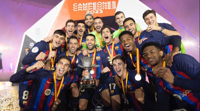 Barcelona lifted the first trophy of the season after hammering Real Madrid 3-1 in the final of the Spanish Super Cup । Sangbad Pratidin