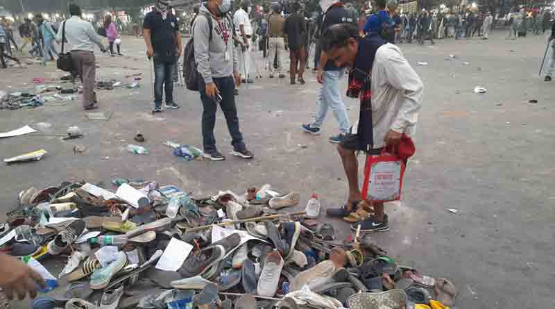 Shoes of ISF workers taken by pedestrians in Dharmatala | Sangbad Pratidin