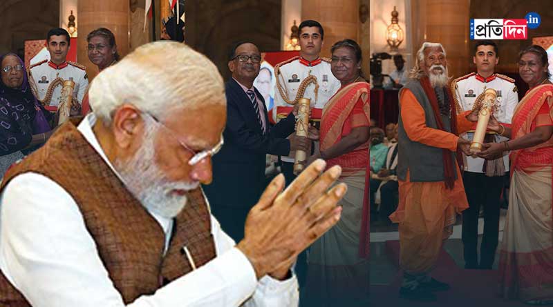 PM Narendra Modi bows to Padma Shri awardee Hirbai Ibrahim Lobi | Sangbad Pratidin