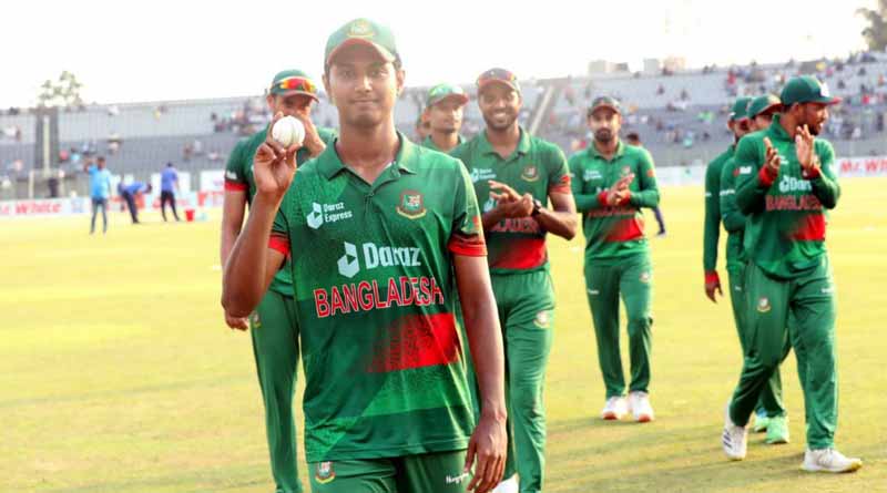 Young pacer from Bangladesh Hasan Mahmud doesn't have a unique or animated celebration when he takes a wicket । Sangbad Pratidin