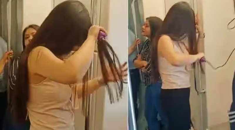 Girl Spotted Using Hair Straightener In Delhi Metro, Video Goes Viral | Sangbad Pratidin